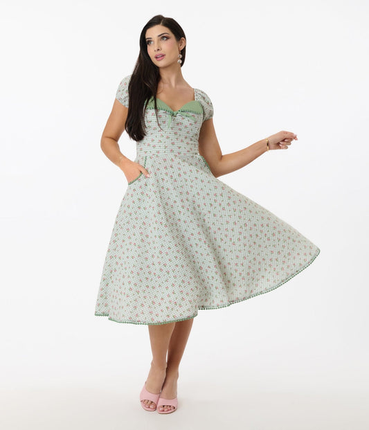 Unique Vintage Green Floral Gingham Print Swing Dress