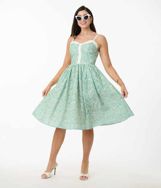 Unique Vintage Green Gingham & Floral Sweetheart Swing Dress