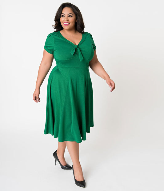 Unique Vintage Plus Size 1940s Style Green Knit Short Sleeve Natalie Swing Dress