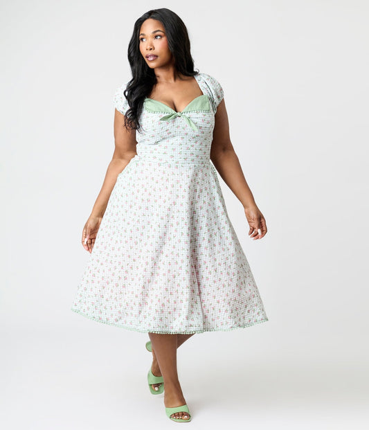 Unique Vintage Plus Size Green Floral Gingham Print Swing Dress