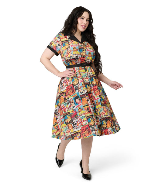 Unique Vintage Plus Size Magazine Print Alexis Swing Dress