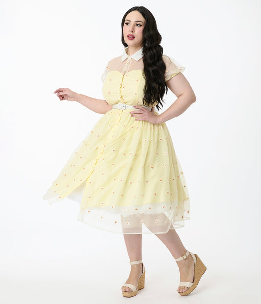 Unique Vintage Plus Size Yellow Daisy Print Hollie Swing Dress