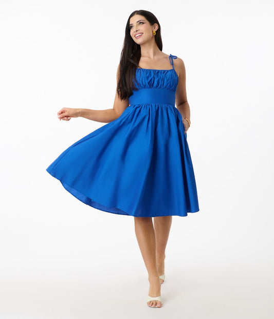 Unique Vintage Royal Blue Sleeveless Cotton Swing Dress