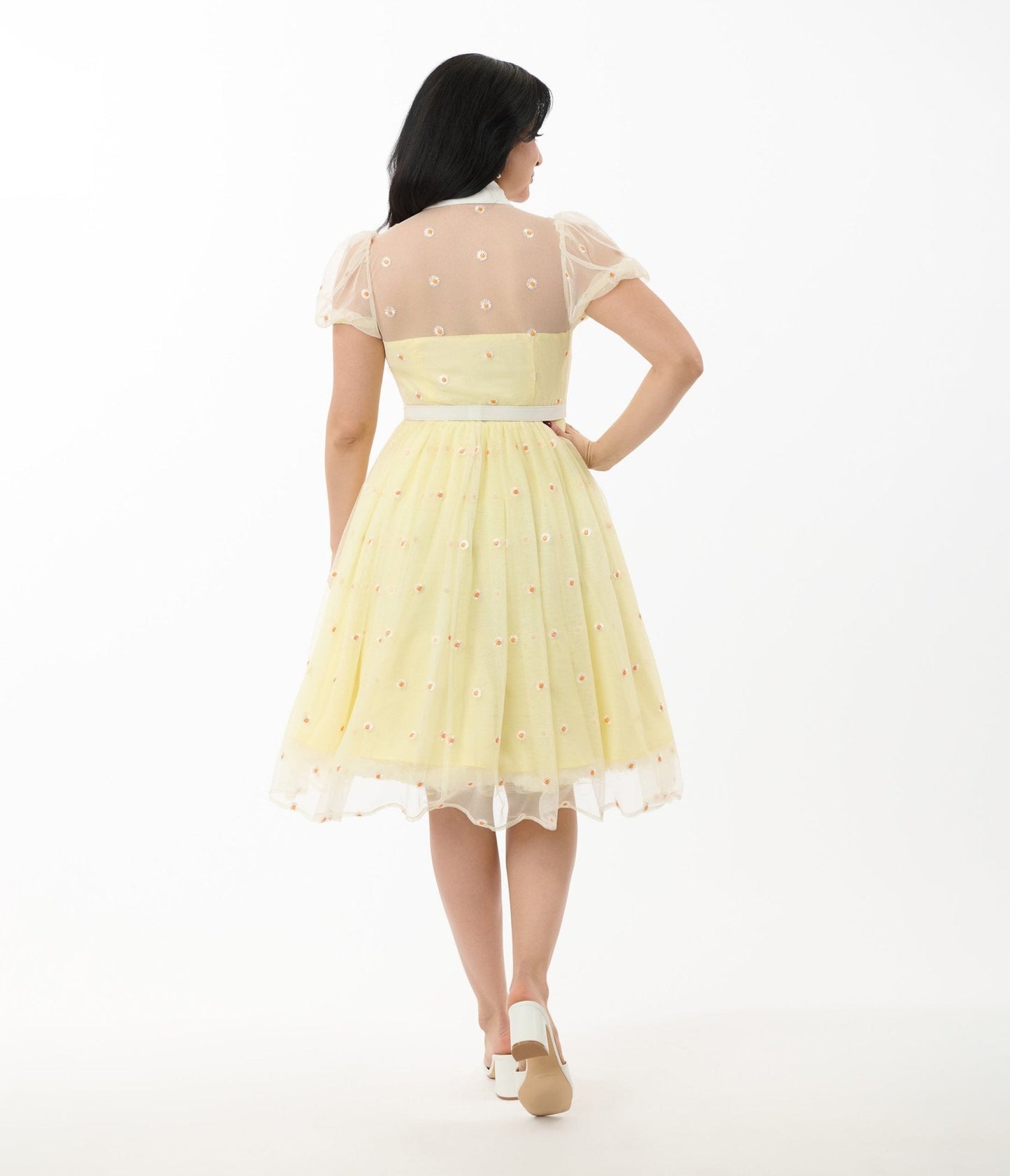 Unique Vintage Yellow Daisy Print Hollie Swing Dress
