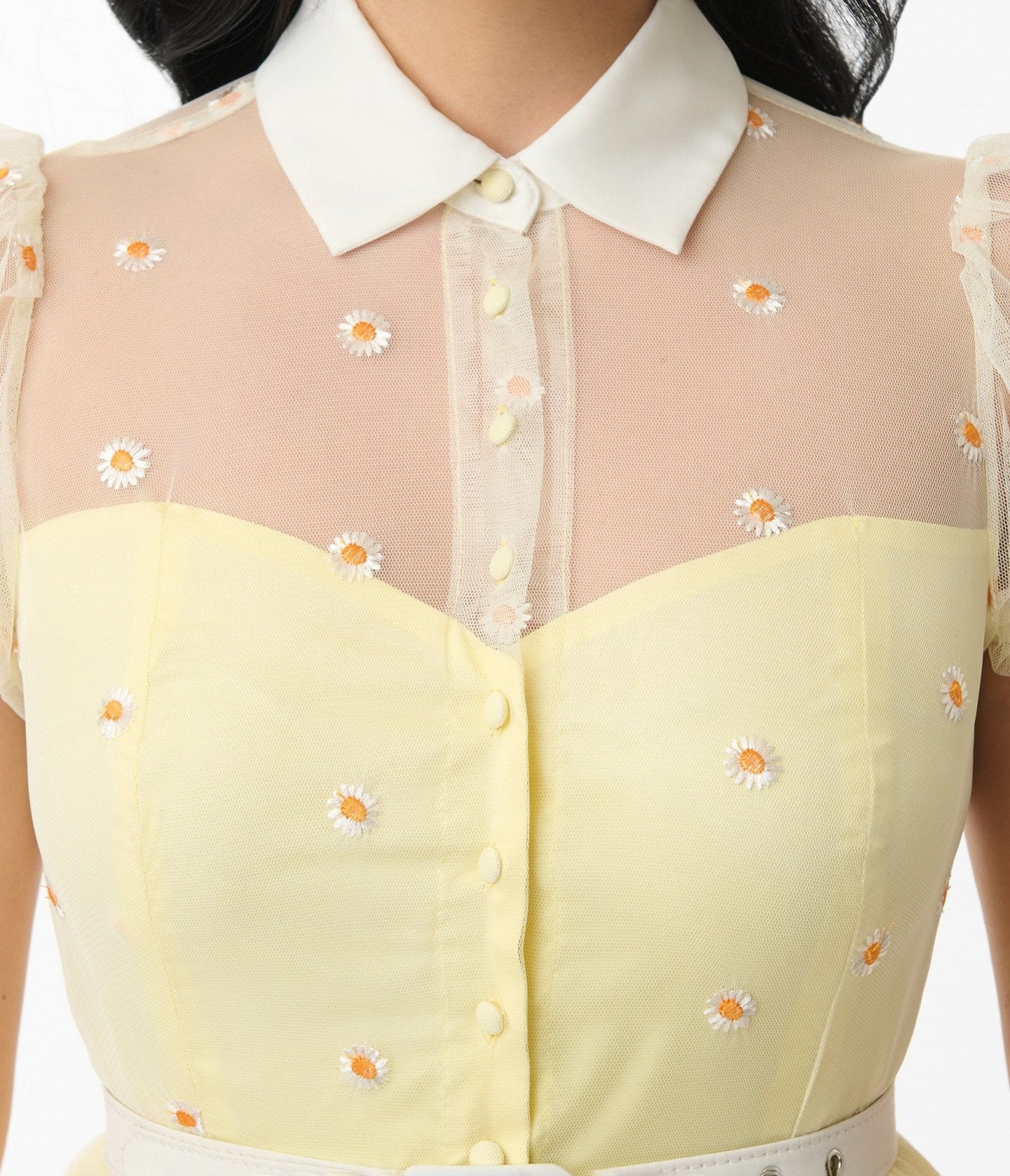 Unique Vintage Yellow Daisy Print Hollie Swing Dress