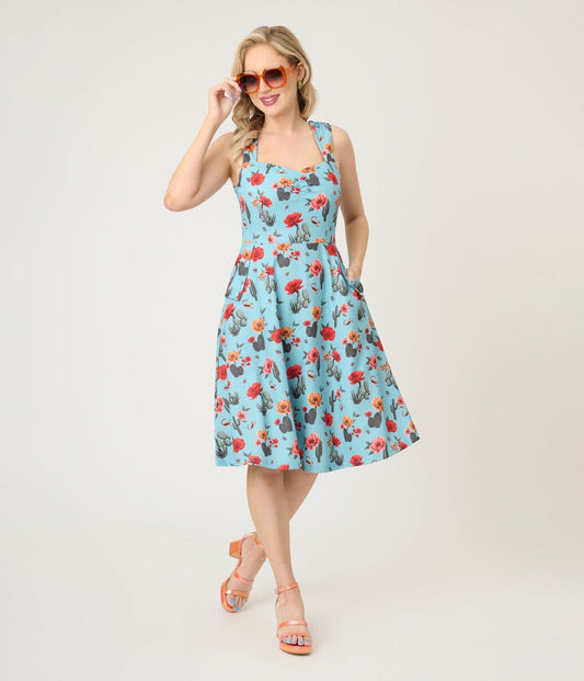 Voodoo Vixen Blue Desert Floral & Cactus Print Swing Dress